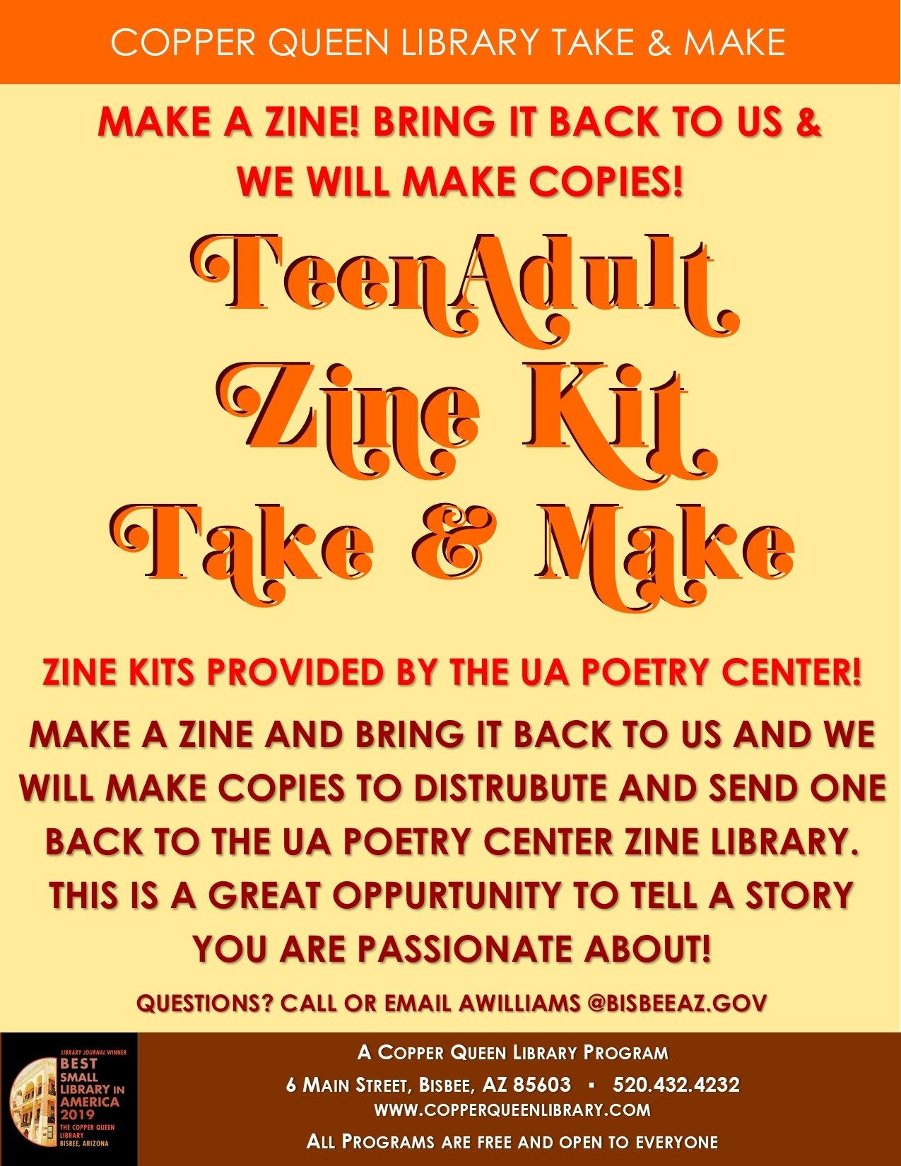 CQL TEEN ADULT OCT TAKE AND MAKE ZINES SIGN