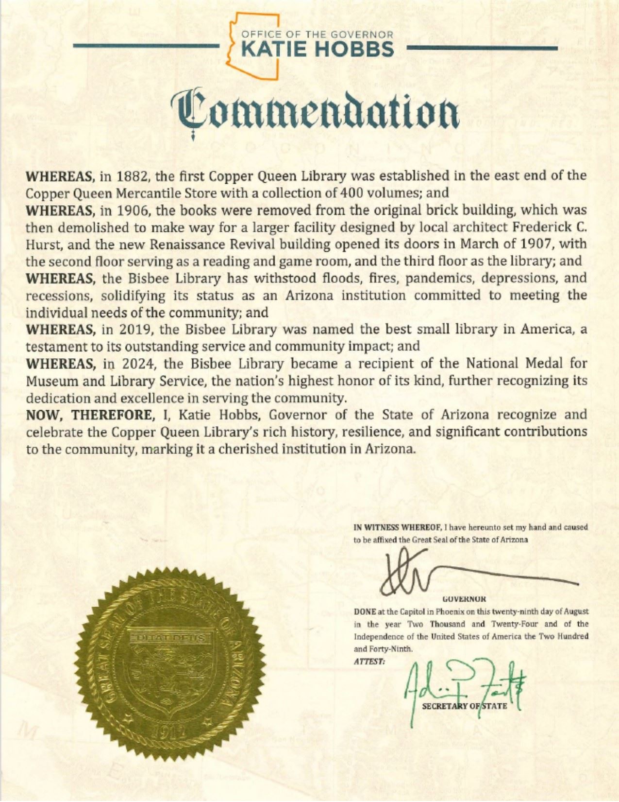 Governor Hobbs Commendation 2024
