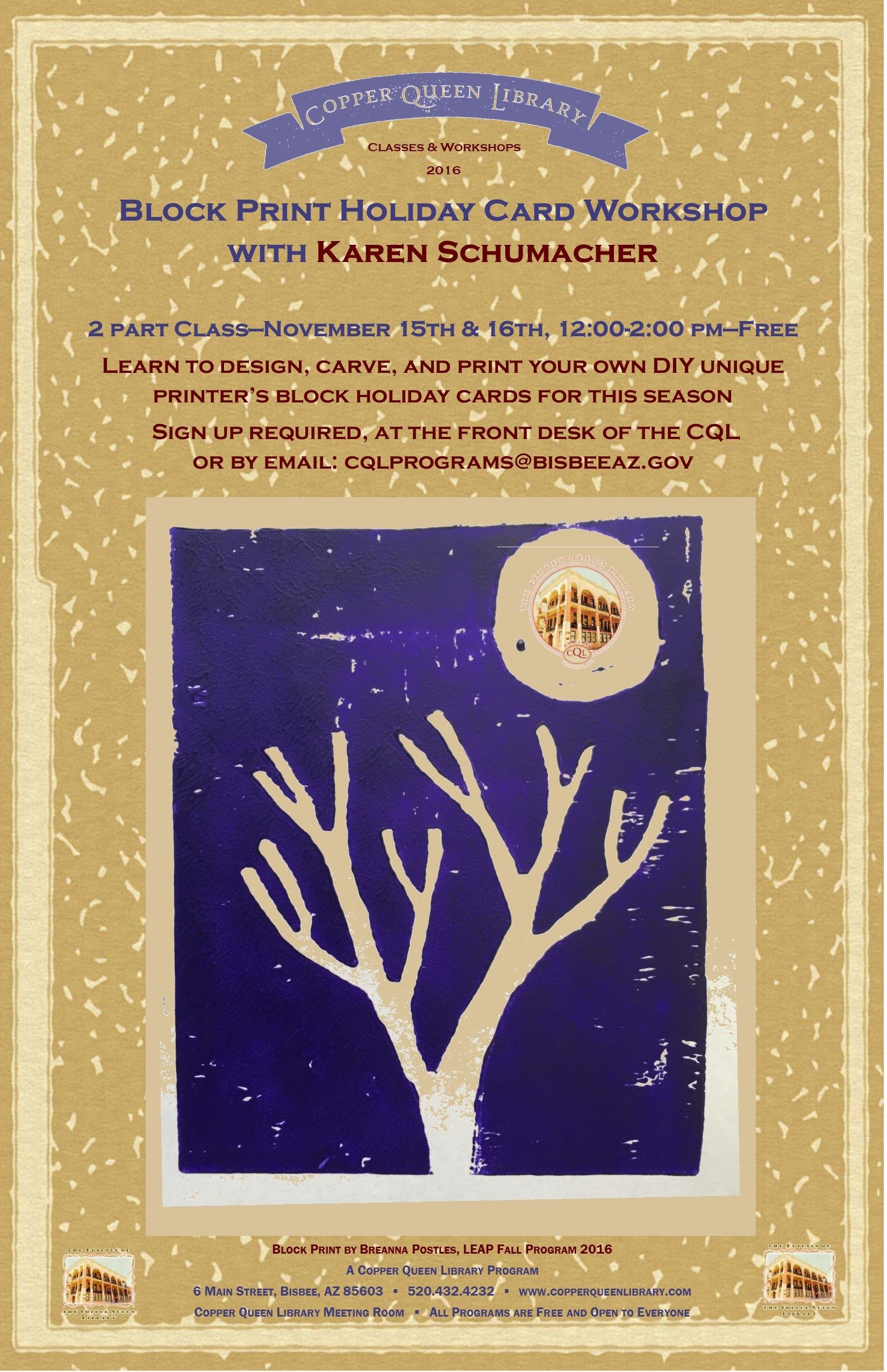 BLOCK PRINT HOLIDAY CARD WORKSHOP NOV 2016