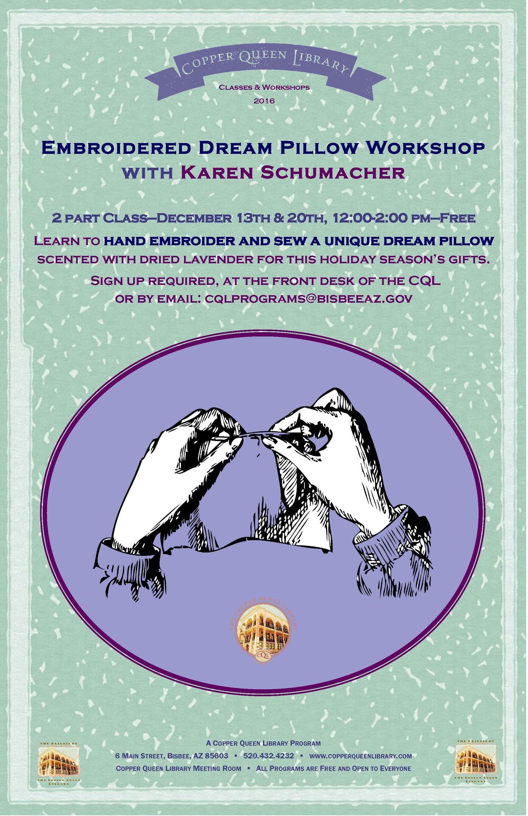 EMBROIDERED DREAM PILLOW WORKSHOP NOV 2016