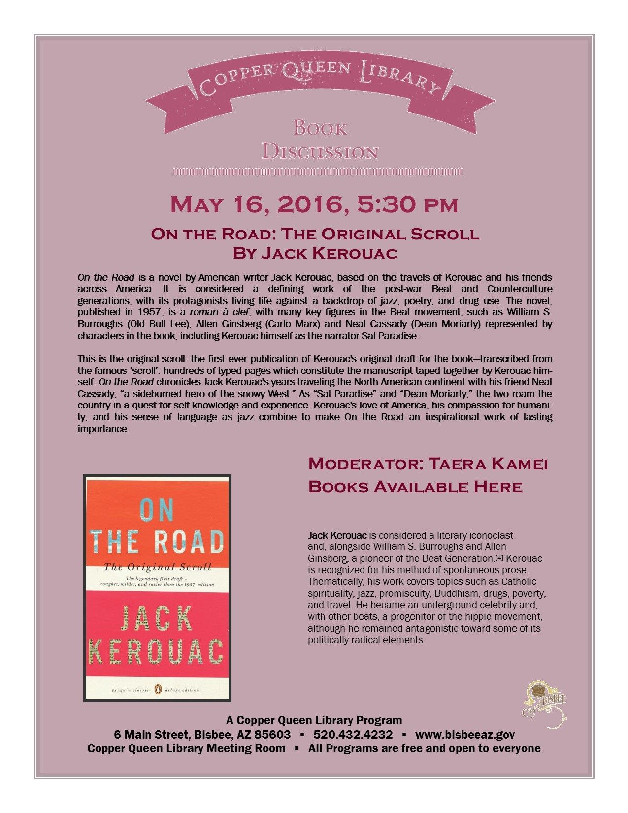May 16 CQL BOOK DISCUSSION ON THE ROAD  8.5 x 11 5-16-2016