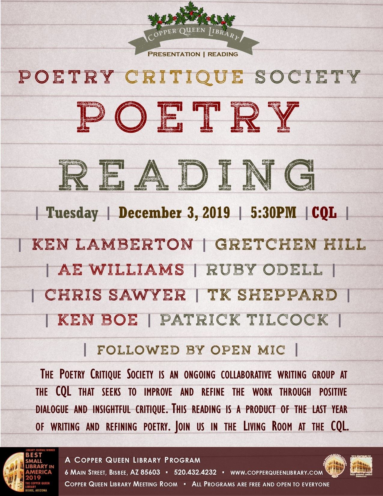 POETRY CRITIQUE SOCIETY READING