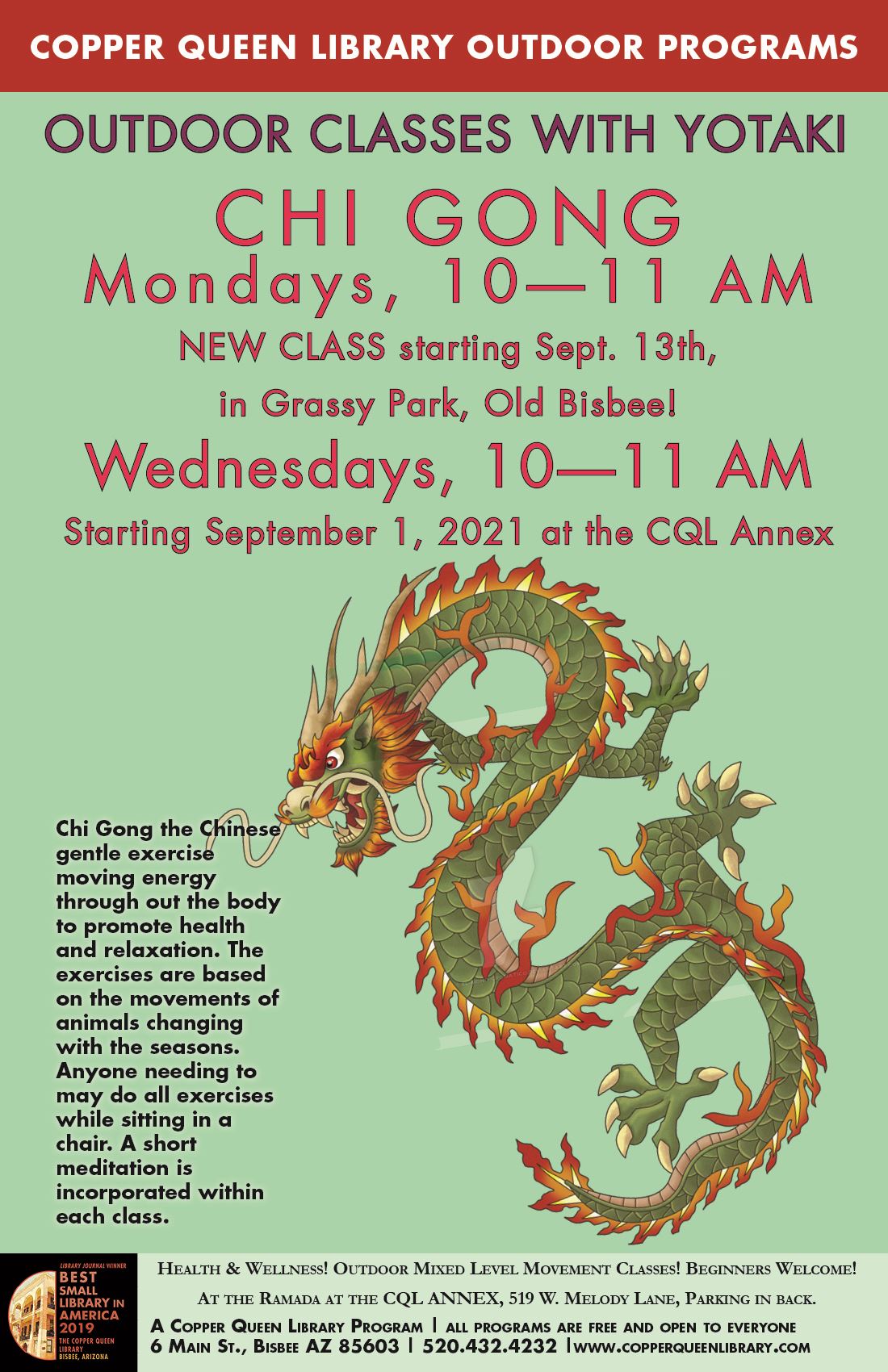 CQL NEW YOTAKI OUTDOOR BELLY DANCE CHI GONG CLASS POSTER SEPT 2021 POSTER 17 X 11